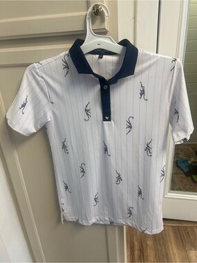 Bad Birdie White Polo with Navy Collar and Pinstripes